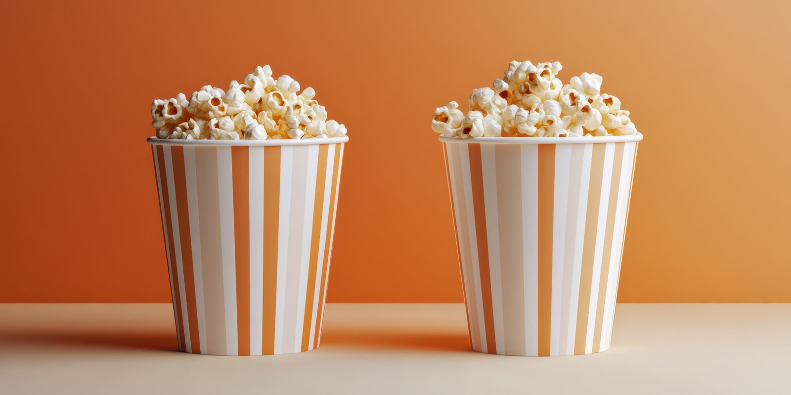 Popcorn cups filled with fresh popcorn against a vibrant orange background in a snack setting